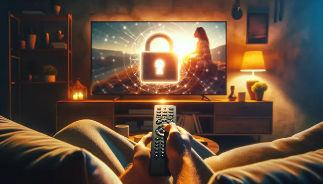 alt_text: An adult uses a Firestick remote to select parental controls on a TV, with a security padlock icon, in a cozy living room.