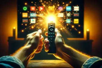 alt_text: A person's hands holding a Firestick remote, pointing at a smart TV glowing with streaming app icons after a successful setup.