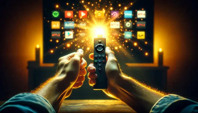 alt_text: A person's hands holding a Firestick remote, pointing at a smart TV glowing with streaming app icons after a successful setup.