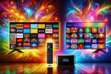 alt_text: A side-by-side comparison of a Firestick and an Android TV box in front of vibrant TV screens showing colorful streaming menus.
