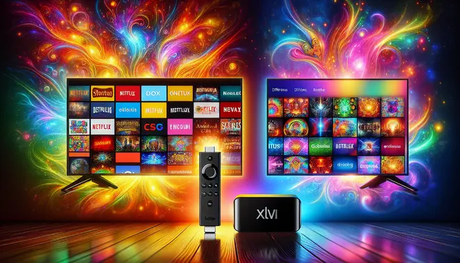 alt_text: A side-by-side comparison of a Firestick and an Android TV box in front of vibrant TV screens showing colorful streaming menus.