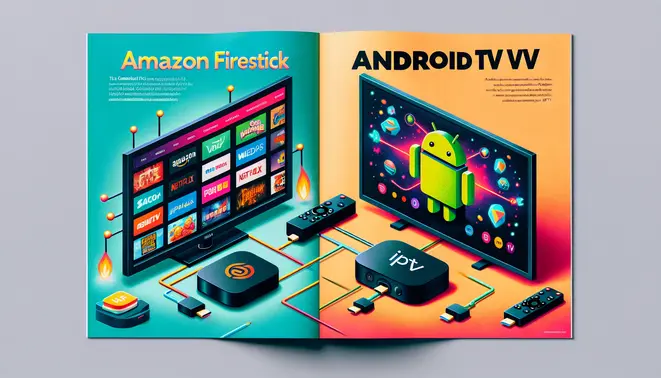 alt_text: A split magazine cover comparing Amazon Firestick and Android TV boxes for IPTV, showing devices connected to TVs with vibrant menus.