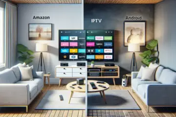 alt_text: A split-screen living room scene comparing a Firestick and an Android TV box, showing their remotes and on-screen IPTV interfaces.