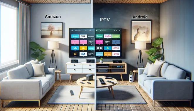 alt_text: A split-screen living room scene comparing a Firestick and an Android TV box, showing their remotes and on-screen IPTV interfaces.