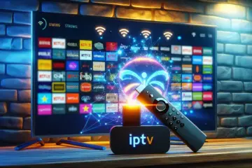 alt_text: A Fire TV Stick connected to a TV, displaying glowing WiFi signals and streaming graphics for an IPTV guide.