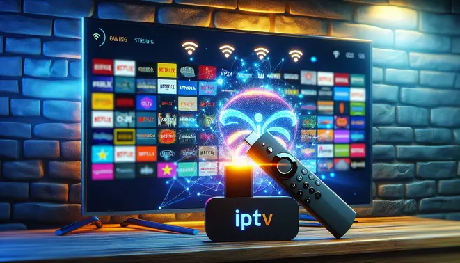 alt_text: A Fire TV Stick connected to a TV, displaying glowing WiFi signals and streaming graphics for an IPTV guide.