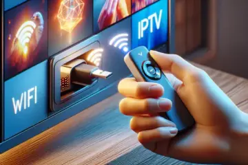 alt_text: A close-up of a Firestick plugged into a TV, showing WiFi and IPTV icons on the screen as a hand holds the remote.