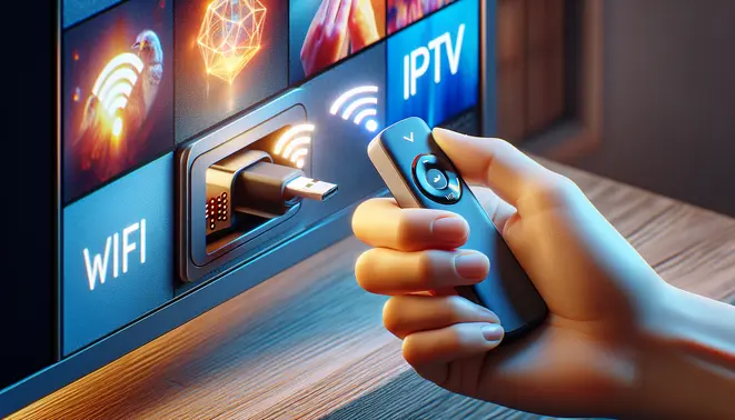 alt_text: A close-up of a Firestick plugged into a TV, showing WiFi and IPTV icons on the screen as a hand holds the remote.