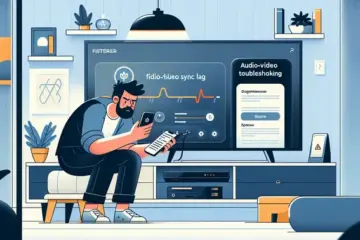 Frustrated viewer fixes audio-video sync lag on their TV using a troubleshooting guide on their smartphone.