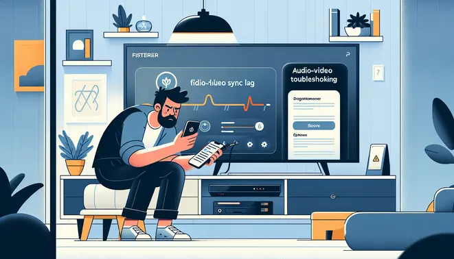 Frustrated viewer fixes audio-video sync lag on their TV using a troubleshooting guide on their smartphone.