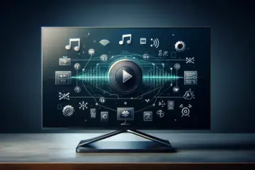 alt_text: A smart TV screen with audio and sync icons, illustrating a troubleshooting guide for fixing IPTV audio delay issues.