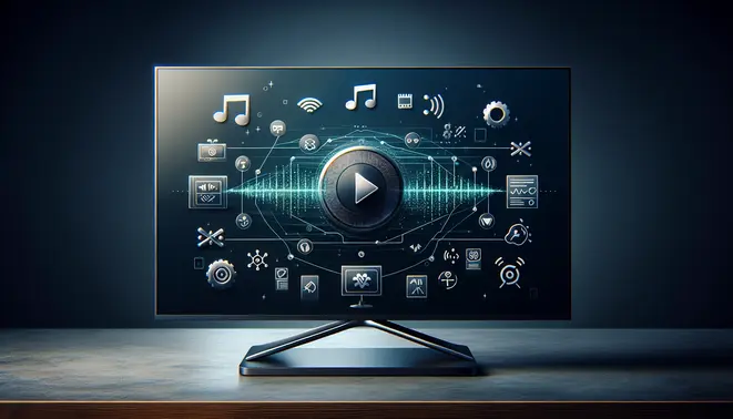 alt_text: A smart TV screen with audio and sync icons, illustrating a troubleshooting guide for fixing IPTV audio delay issues.