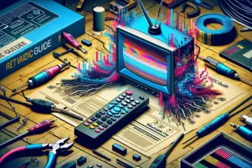 alt_text: A tech guide cover showing a glitched TV guide being fixed with a remote, surrounded by diagnostic tools and network cables.
