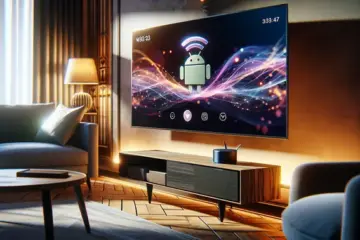 alt_text: A smart TV and Android box in a living room, with a vibrant on-screen interface and Wi-Fi signal improving.