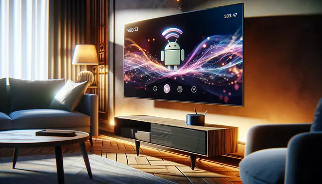 alt_text: A smart TV and Android box in a living room, with a vibrant on-screen interface and Wi-Fi signal improving.