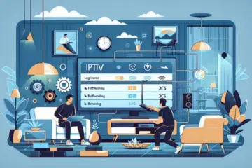 alt_text: A guide to fixing IPTV lag on a Smart TV, showing a user troubleshooting a buffering stream in a modern living room.