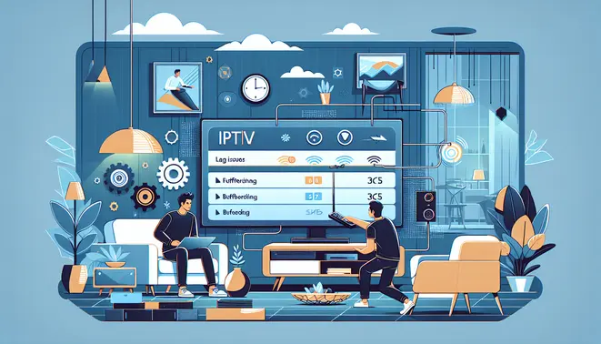 alt_text: A guide to fixing IPTV lag on a Smart TV, showing a user troubleshooting a buffering stream in a modern living room.