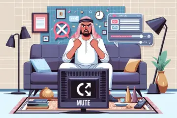 alt_text: A frustrated viewer in a modern living room looks at a TV with a muted icon, surrounded by floating troubleshooting graphics.