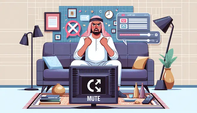 alt_text: A frustrated viewer in a modern living room looks at a TV with a muted icon, surrounded by floating troubleshooting graphics.