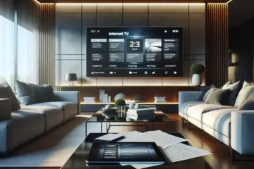 alt_text: A modern living room with a large TV displaying the Flix IPTV app interface, a tablet, and notes on a coffee table.