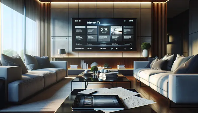 alt_text: A modern living room with a large TV displaying the Flix IPTV app interface, a tablet, and notes on a coffee table.