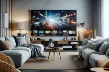 alt_text: A modern living room with a smart TV displaying the Flix IPTV app interface, conveying a comfortable home entertainment experience.