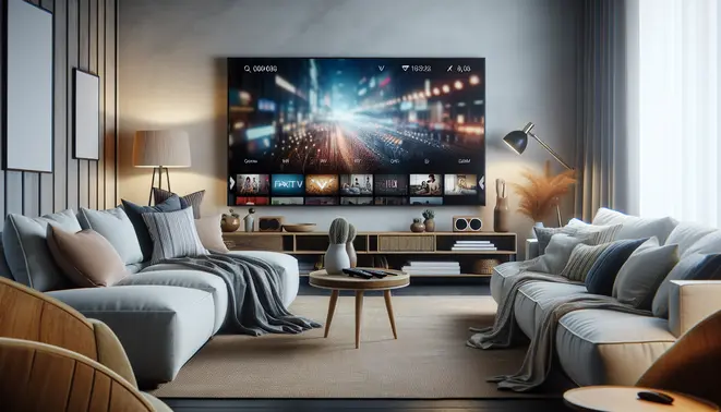 alt_text: A modern living room with a smart TV displaying the Flix IPTV app interface, conveying a comfortable home entertainment experience.