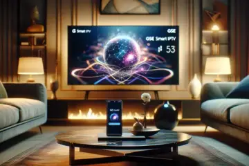 alt_text: A sleek smartphone and modern TV display the GSE Smart IPTV app interface in a stylish living room.