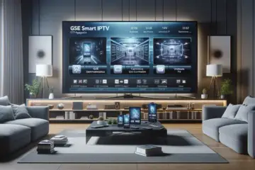 alt_text: A modern living room with a large TV and devices showing the GSE Smart IPTV app, with headlines like "Ultimate IPTV App Guide."