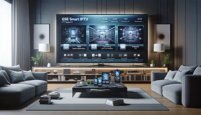 alt_text: A modern living room with a large TV and devices showing the GSE Smart IPTV app, with headlines like "Ultimate IPTV App Guide."