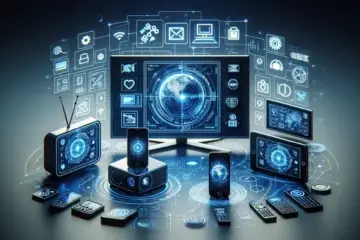 alt_text: A smart TV, tablet, and phone display the Gse Smart IPTV app interface, surrounded by streaming icons on a sleek tech background.