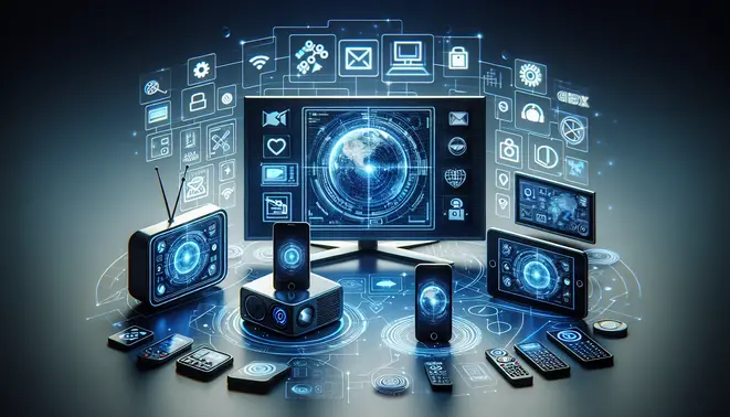 alt_text: A smart TV, tablet, and phone display the Gse Smart IPTV app interface, surrounded by streaming icons on a sleek tech background.