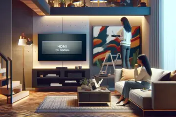 alt_text: A person fixing an "HDMI No Signal" message on a TV by connecting a streaming device in a modern living room.