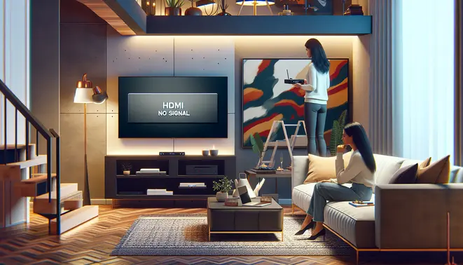 alt_text: A person fixing an "HDMI No Signal" message on a TV by connecting a streaming device in a modern living room.