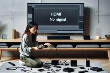 alt_text: A person troubleshooting an "HDMI No Signal" message on a modern TV, with streaming devices and cables nearby.