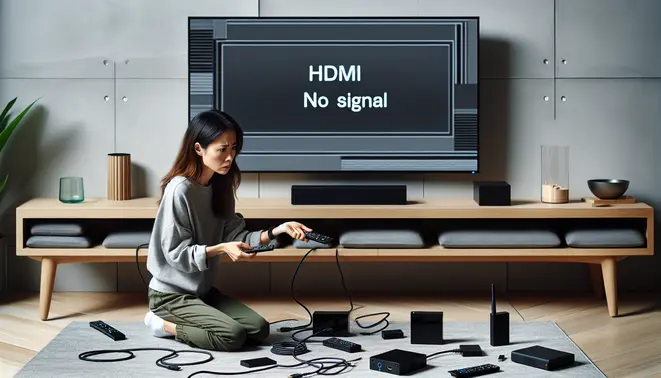 alt_text: A person troubleshooting an "HDMI No Signal" message on a modern TV, with streaming devices and cables nearby.