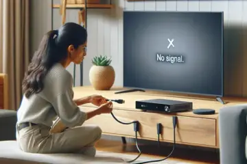 alt_text: A person connects an HDMI cable to a TV displaying "No Signal," fixing the issue with a streaming device.