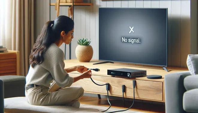 alt_text: A person connects an HDMI cable to a TV displaying "No Signal," fixing the issue with a streaming device.