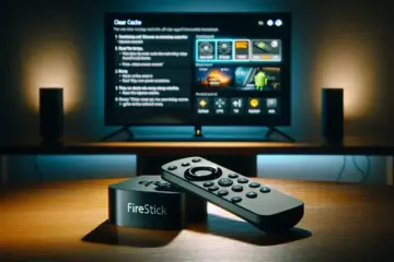 alt_text: A Firestick and remote on a table, with a TV showing an IPTV interface and a "Clear Cache" popup tutorial.