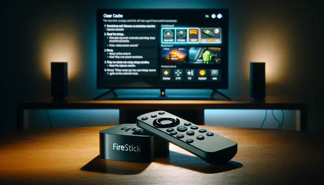 alt_text: A Firestick and remote on a table, with a TV showing an IPTV interface and a "Clear Cache" popup tutorial.