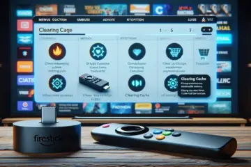 alt_text: A Firestick and remote with a TV displaying a streaming interface. Visual cues for clearing cache and tutorial guides.
