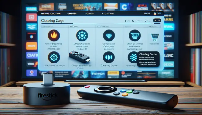 alt_text: A Firestick and remote with a TV displaying a streaming interface. Visual cues for clearing cache and tutorial guides.