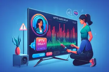 alt_text: A guide to fixing IPTV audio delay shows a person adjusting settings on a TV displaying a waveform and delay warning.