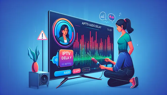 alt_text: A guide to fixing IPTV audio delay shows a person adjusting settings on a TV displaying a waveform and delay warning.