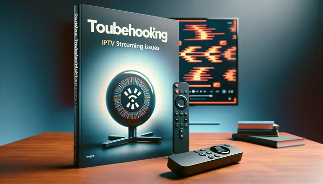alt_text: A tutorial guide cover showing a Firestick remote and a TV with a buffering icon, offering solutions for IPTV streaming issues.