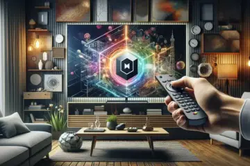 alt_text: A hand points an Android TV remote at a smart TV displaying the IPTV Smarters app installation process in a modern living room.