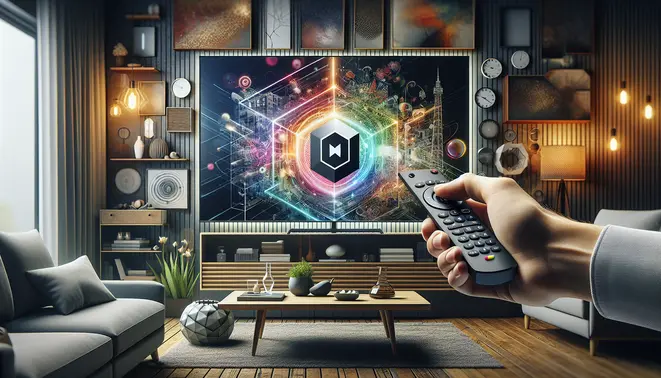 alt_text: A hand points an Android TV remote at a smart TV displaying the IPTV Smarters app installation process in a modern living room.