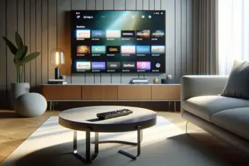 alt_text: A modern living room with an Android TV displaying the IPTV Smarters app interface, a remote, and a streaming guide.