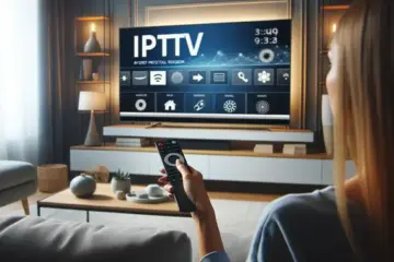 alt_text: A user points a remote at an Android TV displaying the IPTV Smarters Pro app in a modern living room.