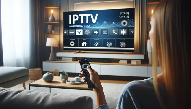 alt_text: A user points a remote at an Android TV displaying the IPTV Smarters Pro app in a modern living room.